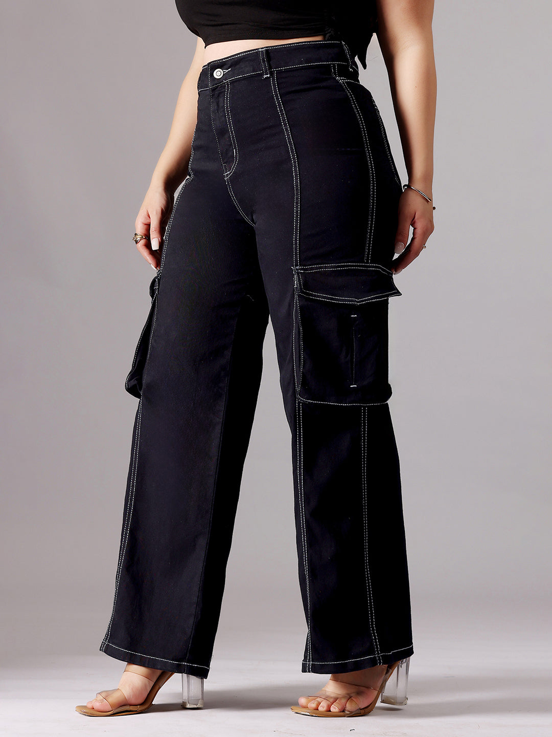 24/7 Comfort Black Wide-Leg High-Rise Clean-Look Regular-Length Stretchable Patch-Pocketed Denim Jeans