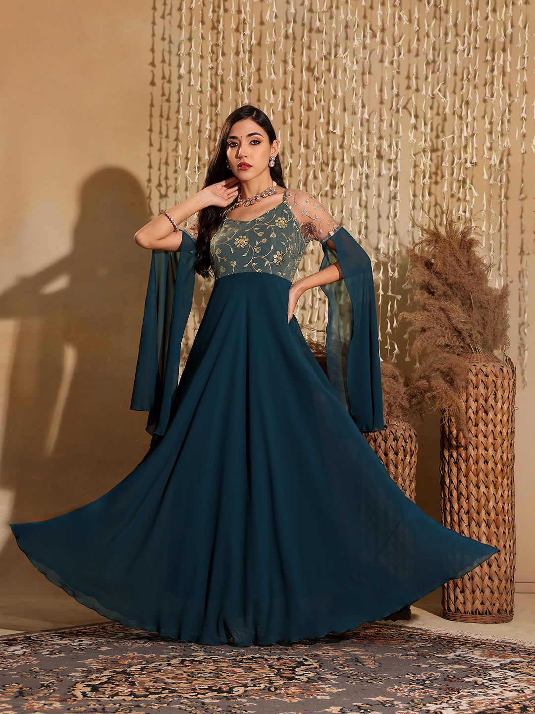 Women's Teal V-Neck Full Sleeve Embroidered Fit & Flare Georgette Maxi Dress