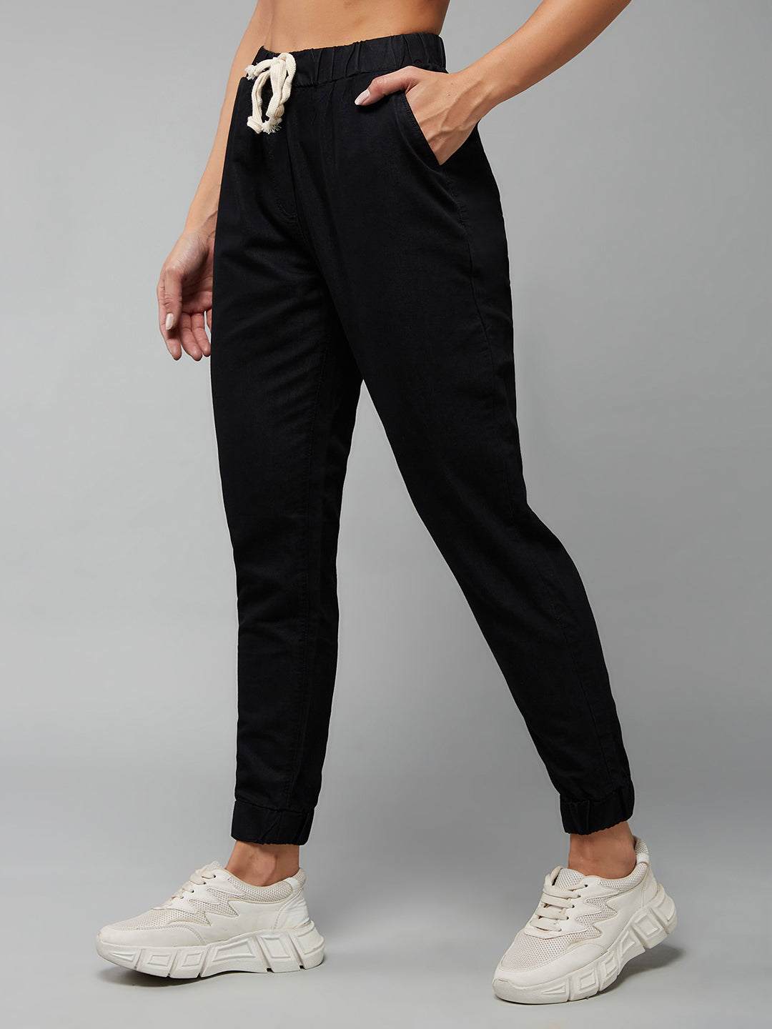 Women's Black Regular Length Mid Rise Clean-Look Regular Fit Denim Joggers