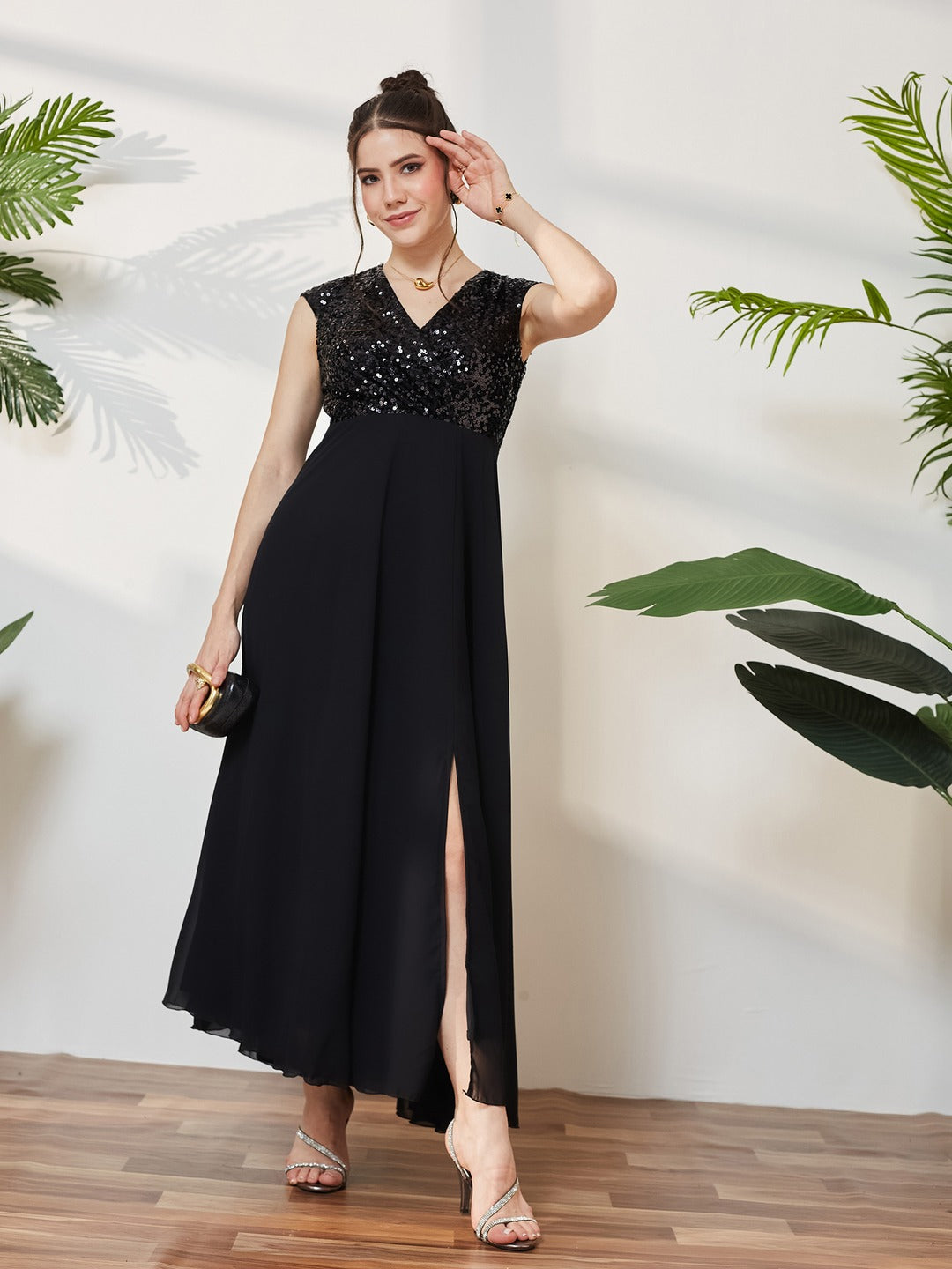 Black V-Neck Cap Sleeved Solid Wrap Maxi Dress for Women
