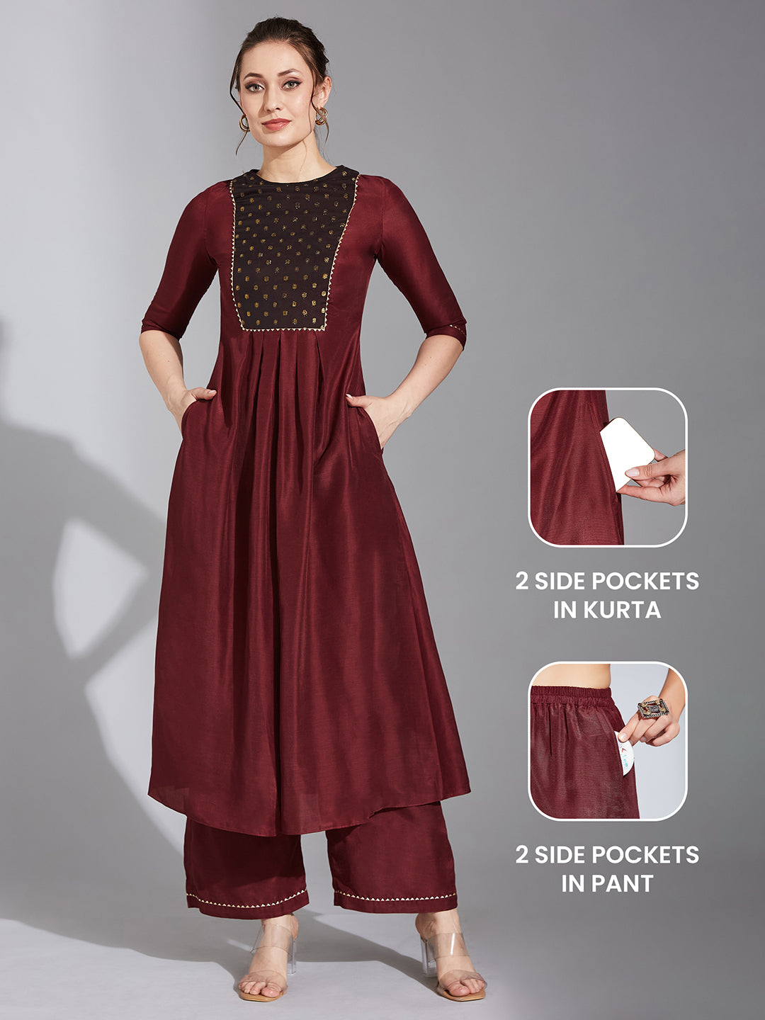 Women's Maroon Round Neck 3/4 Sleeve Self-Designed Pleated Kurta Set