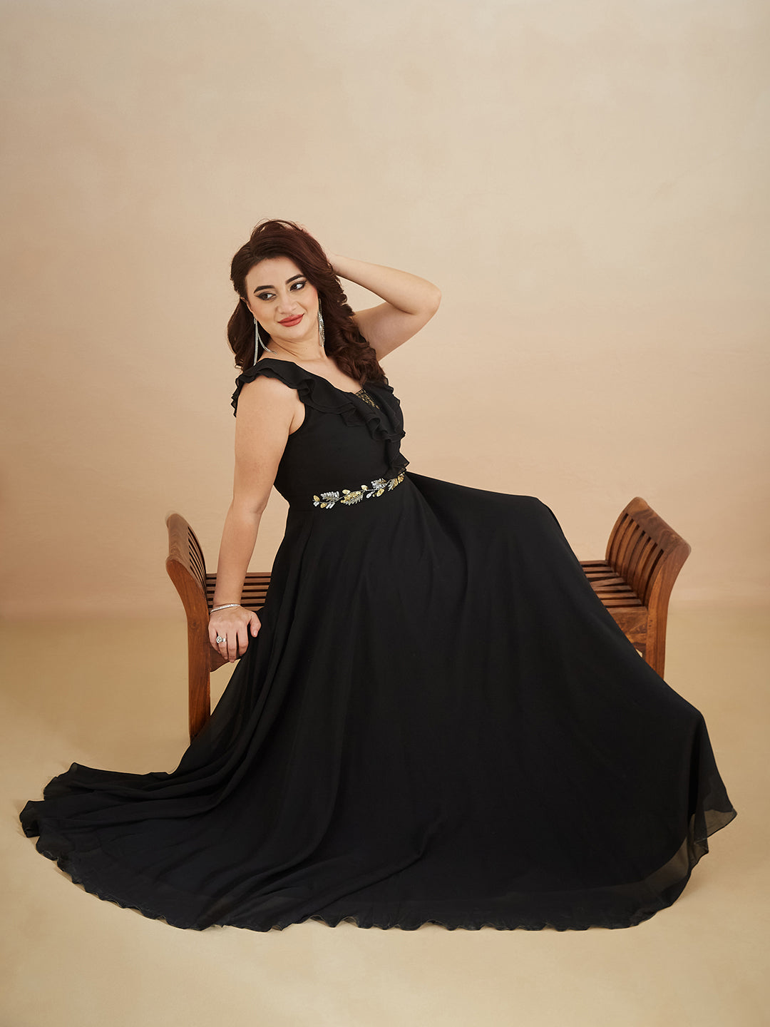 Women's Black Sleeveless Embroidered Ruffled Georgette Maxi Dress