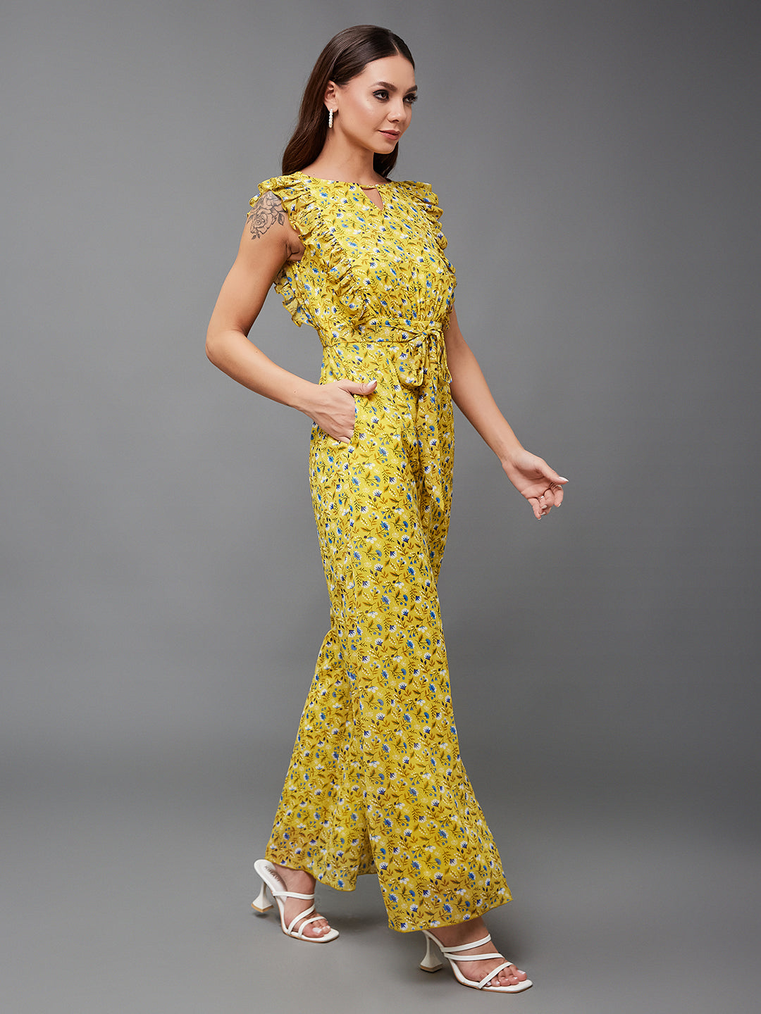 Multicolored-Base-Yellow Round neck Sleeveless Floral Wide-Leg Regular Jumpsuit for Women