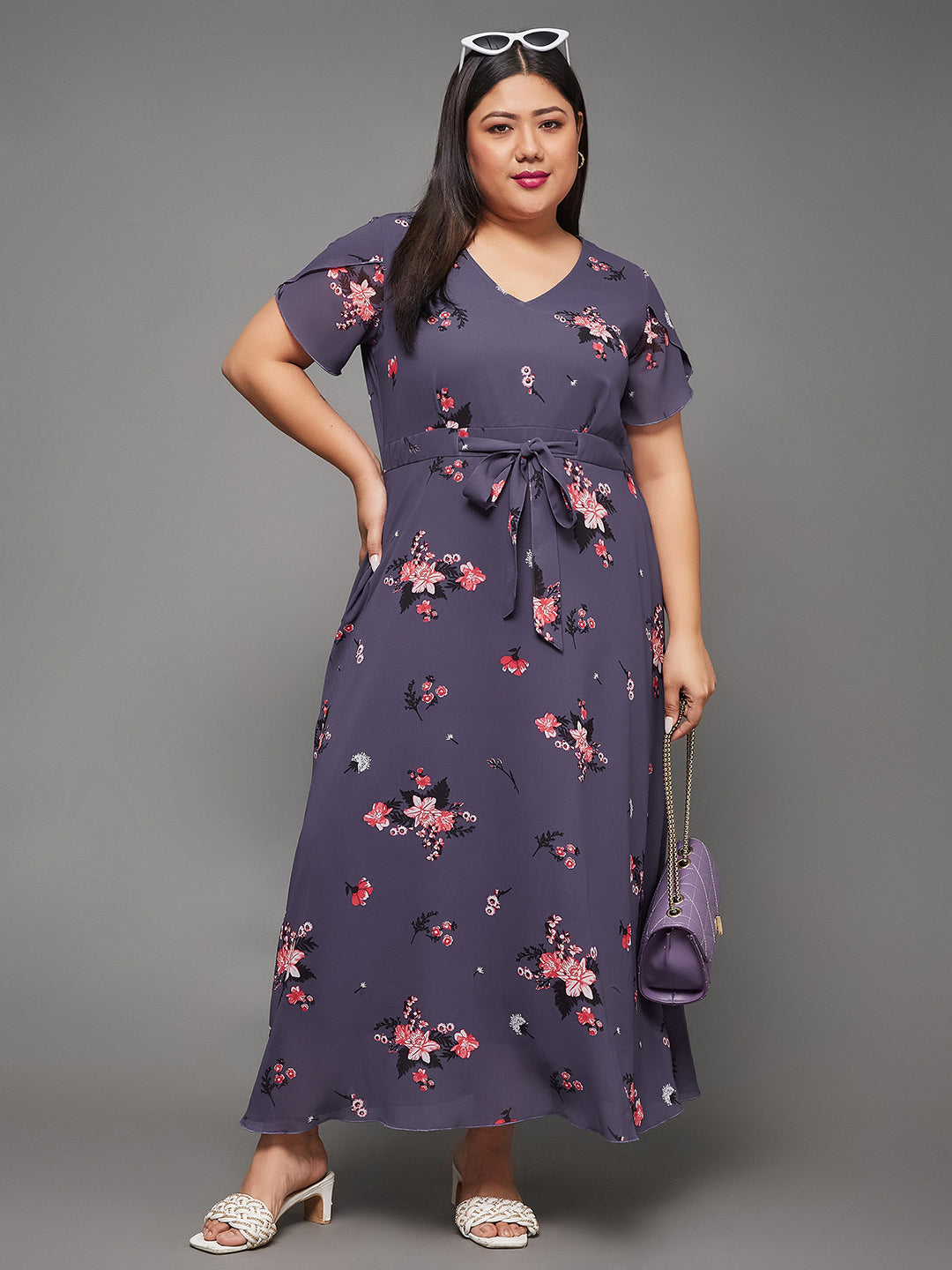 Body Bliss Multicolored Base Lavender Floral Pleated Midi Dress