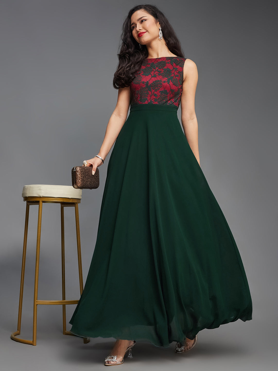 Dark Green Sleeveless Fit and Flare Lace Dress for Women | Indowestern Mehendi to Sangeet Collection