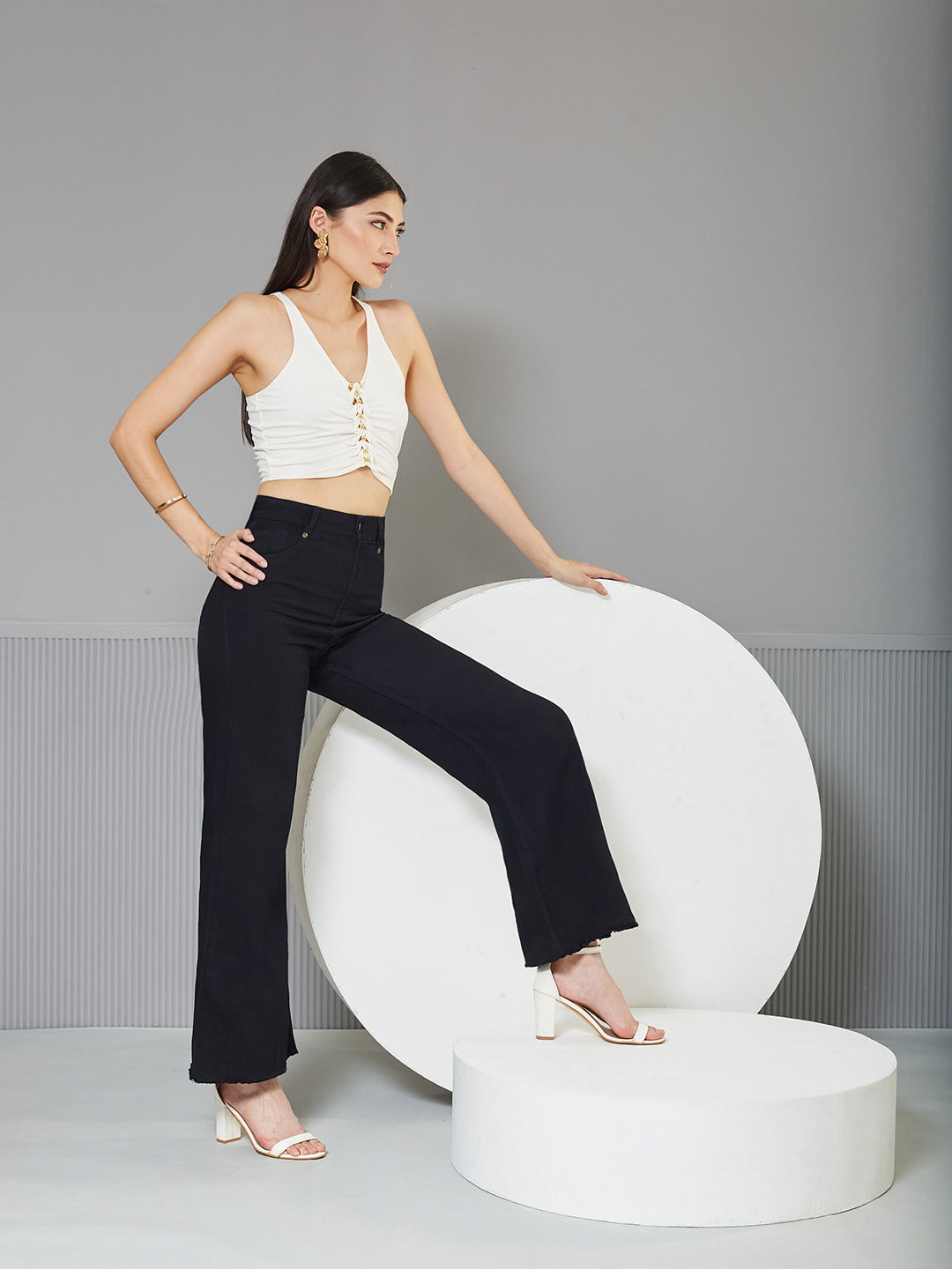 Black High-Rise Stretchable Wide-Leg Denim Jeans for Women