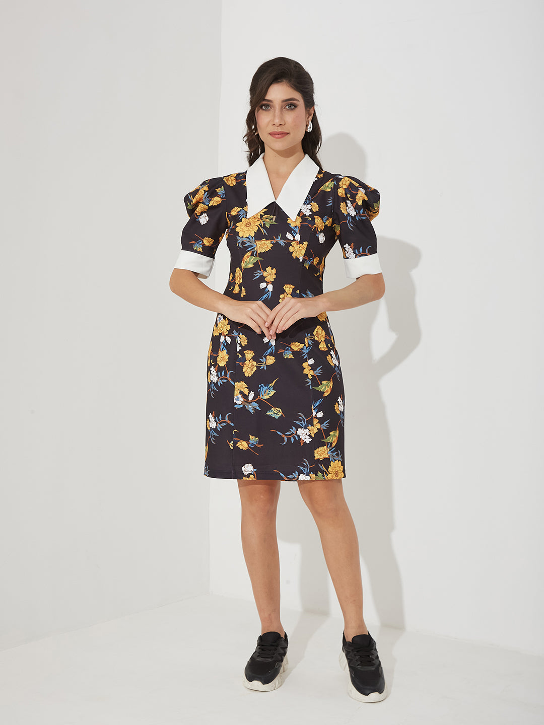 Women’s Multicolored Base Black Collared Half Sleeve Floral Shift Knee-Long Polyester Dress for Women