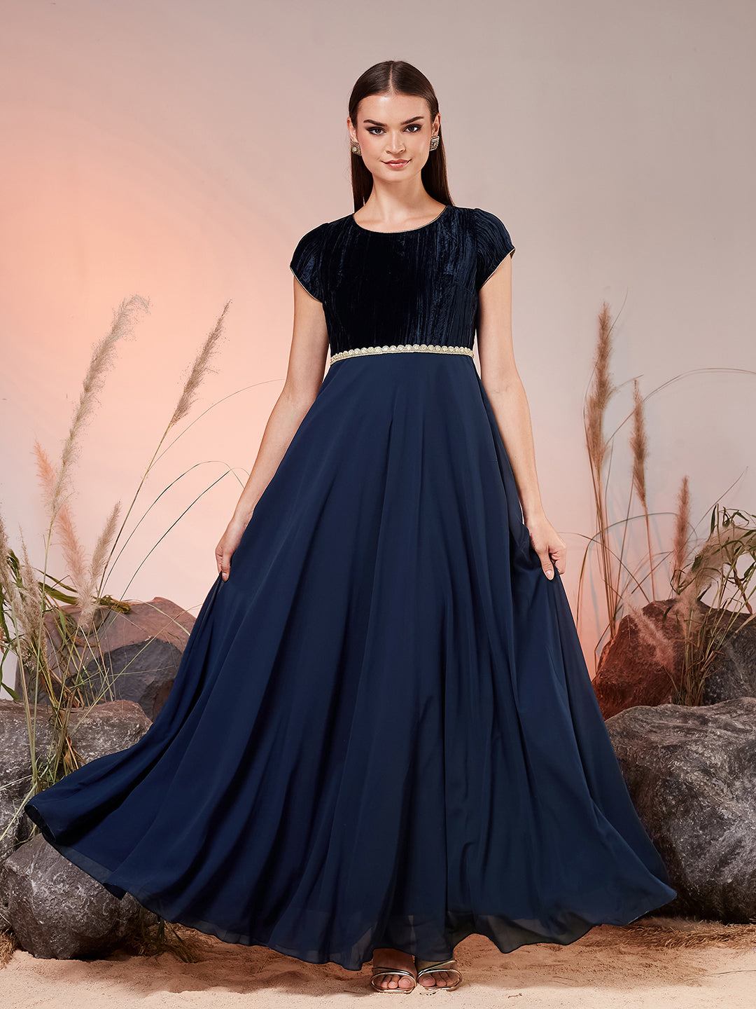 Women’s Navy-Blue Round Neck Short Sleeve Solid Fit & Flare Maxi Georgette Dress for Women