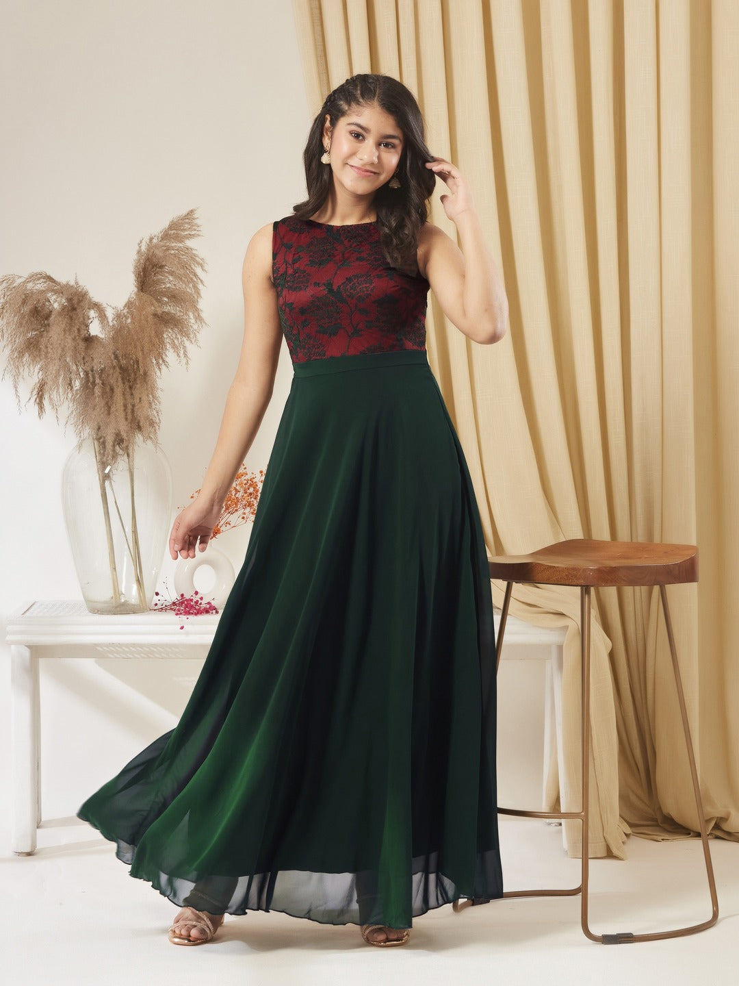 Dark Green Round Neck Sleeveless Georgette Floral Lace Fit & Flare Maxi Dress for Girls/Teenagers