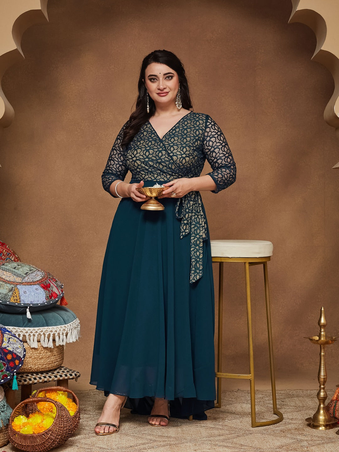 Teal Floral Printed Relaxed Fit V-Neck 3/4th Sleeve Maxi Dress for Women