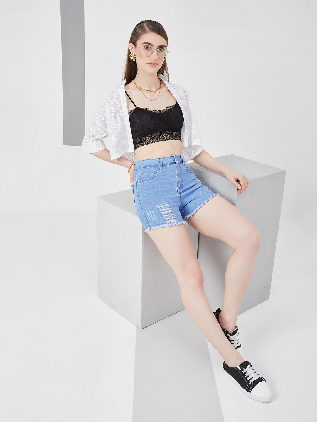 Blue Relaxed Mid Rise High Distress Regular Non Stretchable Denim Shorts for Women