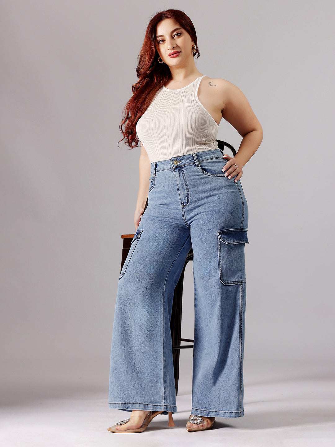 24/7 Comfort Blue Wide-Leg High-Rise Heavy Wash Regular-Length Stretchable Cargo Denim Jeans