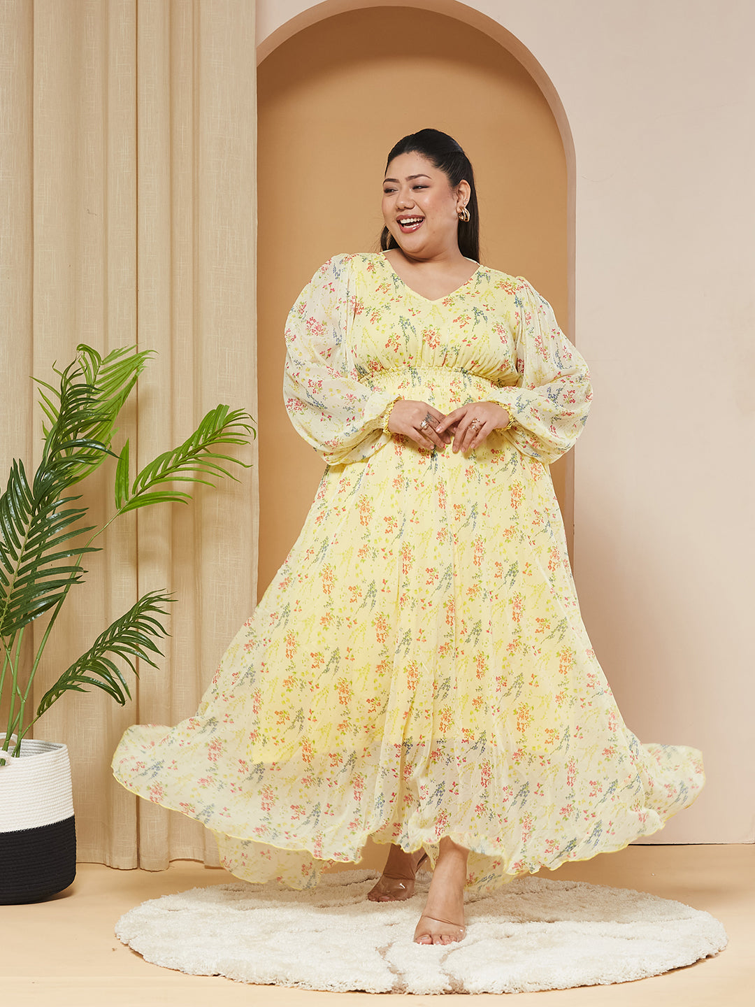 Multicolored-Base-Lime Yellow V-Neck Bishop-Sleeves Floral Gathered Chiffon Maxi Dress for Women