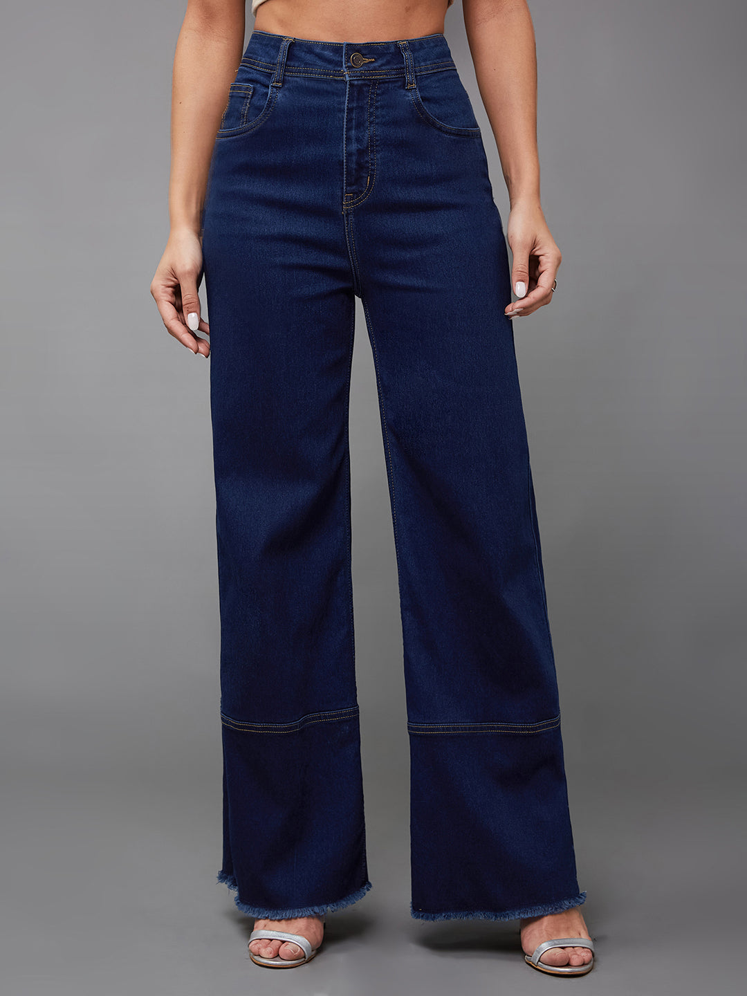 24/7 Comfort Navy-Blue Wide-Leg High-Rise Stretchable Denim Jeans