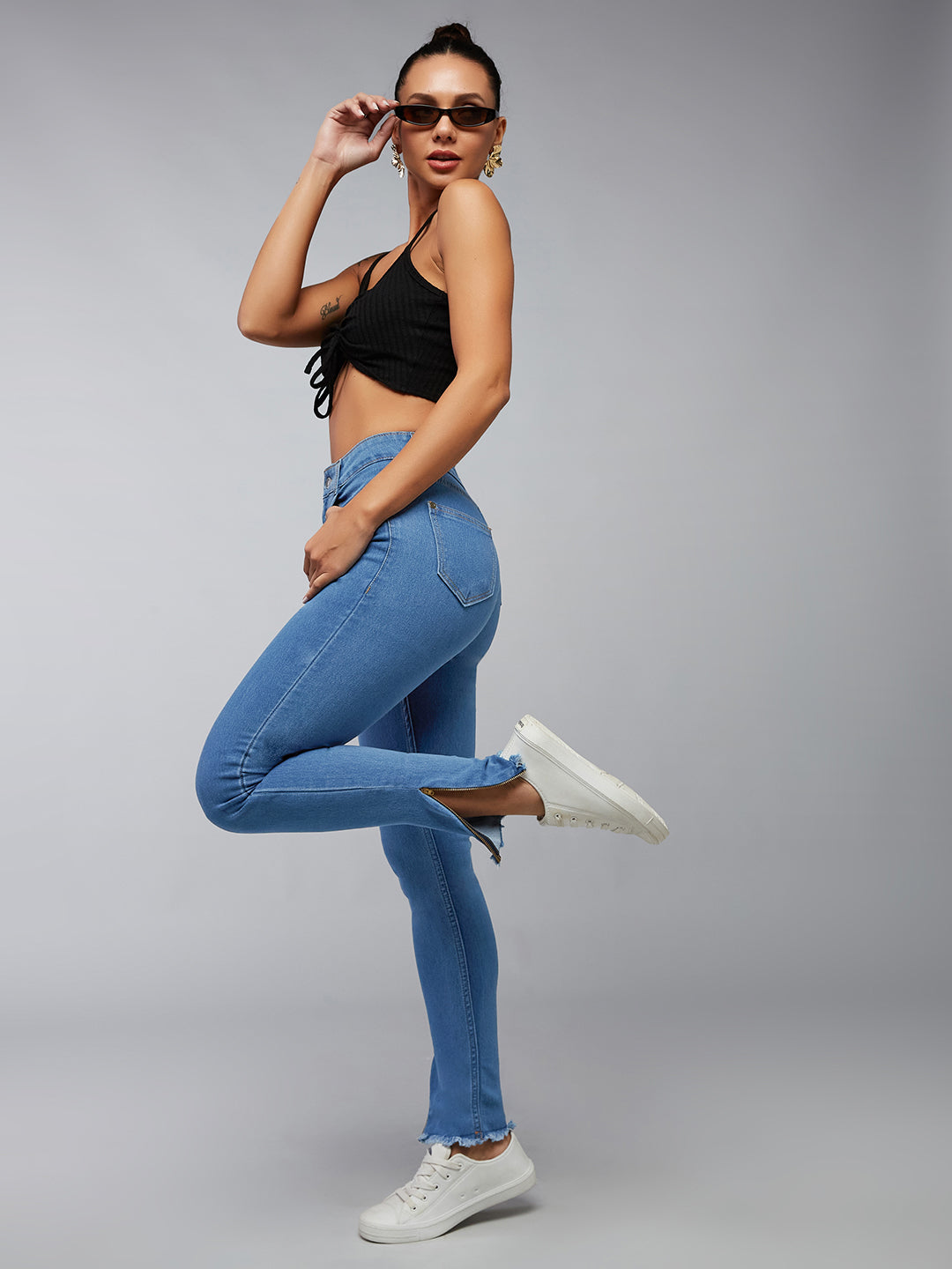 24/7 Comfort Mid-Blue Skinny-Fit High-Rise Fringe And Side Zipper Detailing Cropped Denim Jeans for Women