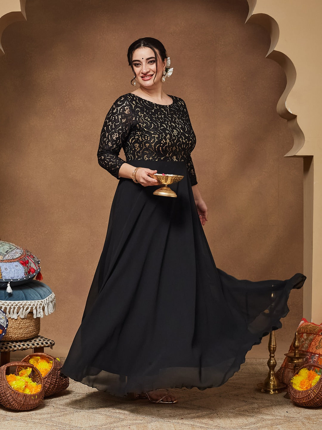 Black Self Design Boat Neck 3/4 Sleeves Side Pocketed Georgette Fit and Flare Maxi Length Dress for Women