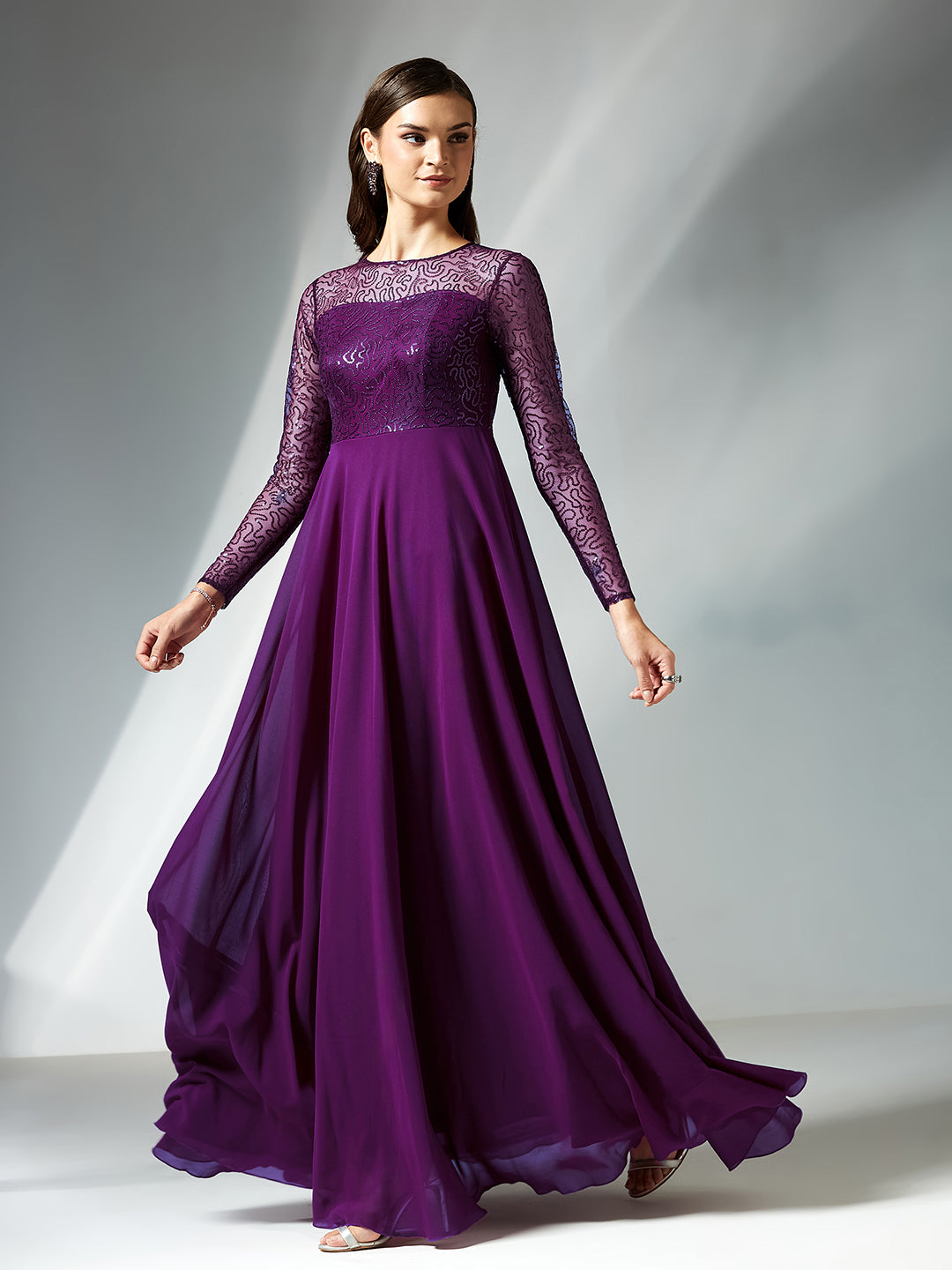 Dark Purple Solid Embellished Maxi Dress for Women