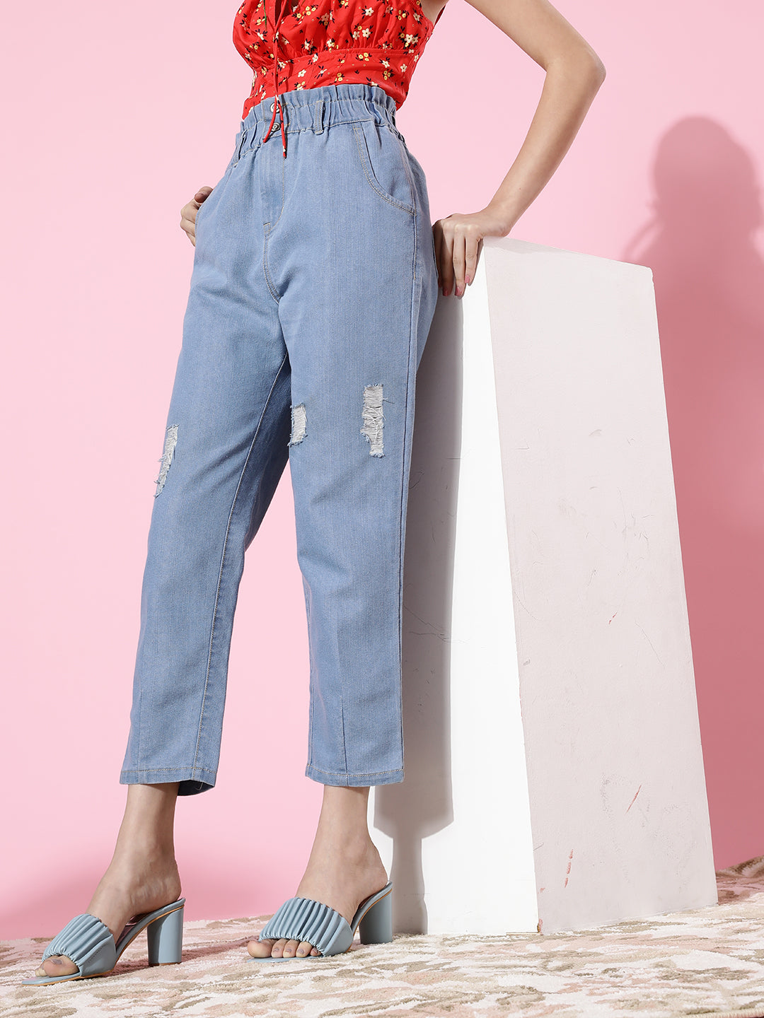 Women's Light Blue Mom's Jean High-Rise Mild Distress Stretchable Denim Jeans