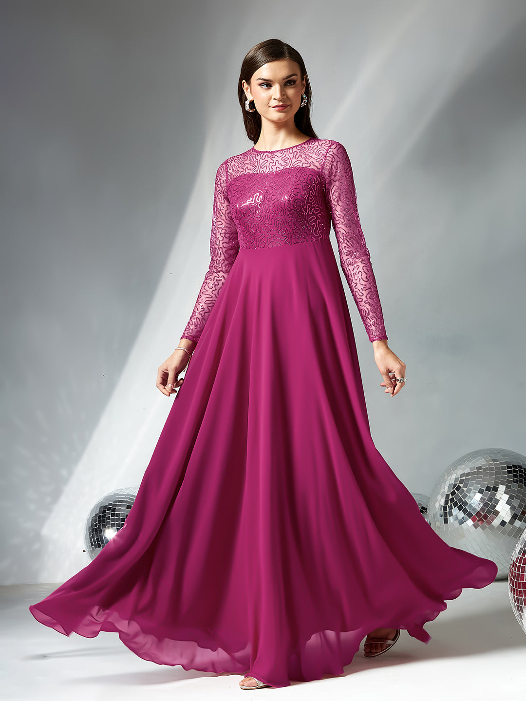 Ruby Pink Solid Embellished Maxi Dress for Women