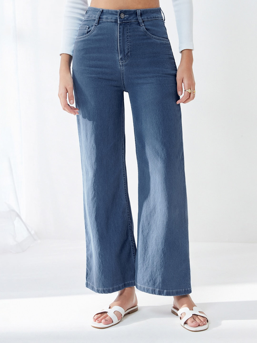 Blue Wide-Leg High-Rise Stretchable Denim Jeans for Women