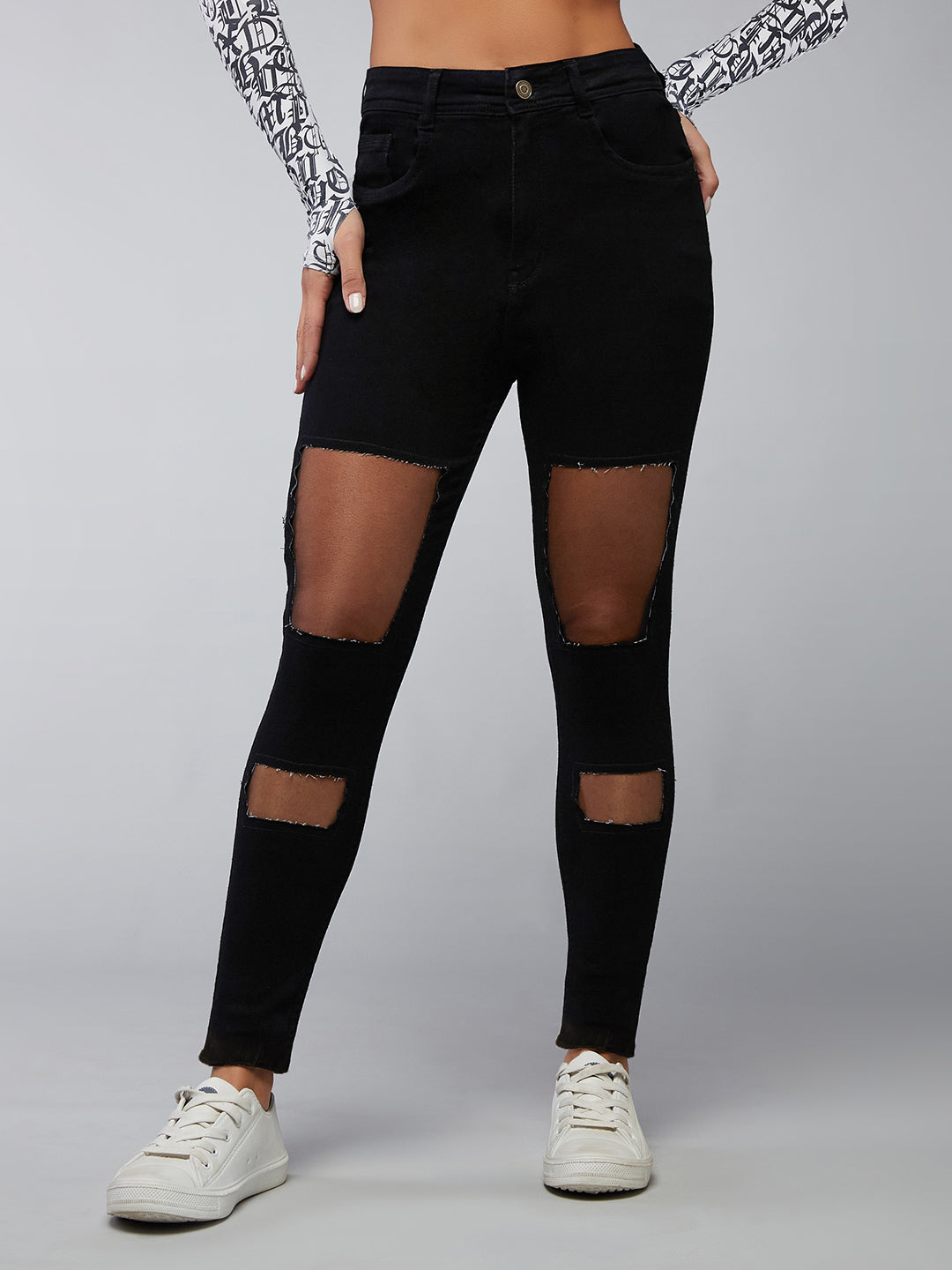 Women's Black Slim-Fit High-Rise Mild Distressed Ripped Net Detailing Stretchable Denim Jeans