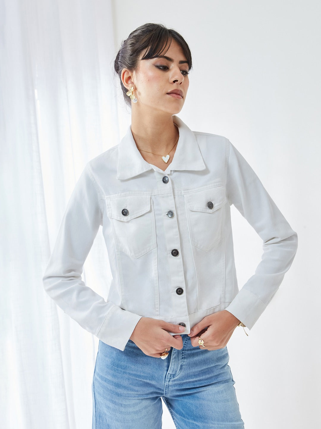 White Polo Neck Full Sleeves Denim Solid Cropped Jacket for Women