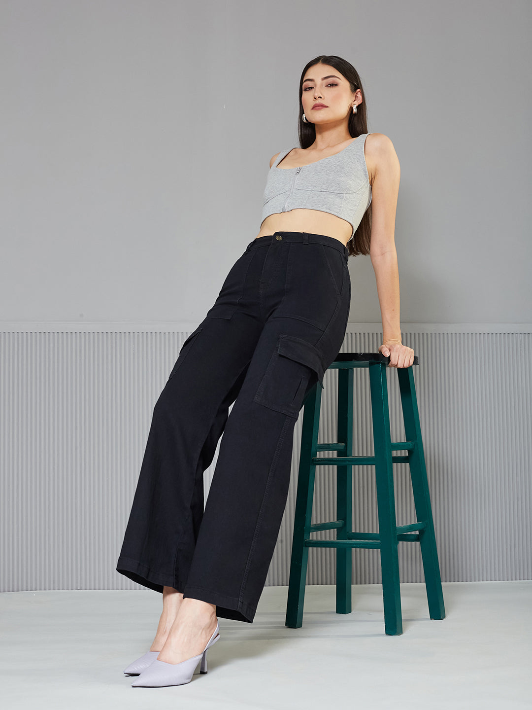 Black Wide-Leg High-Rise Regular Stretchable Denim Jeans for Women