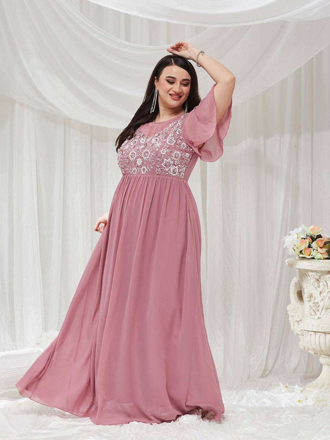 Dusty Lavender Boat Neck Half Sleeve Solid Embellished Georgette Maxi Dress for Women