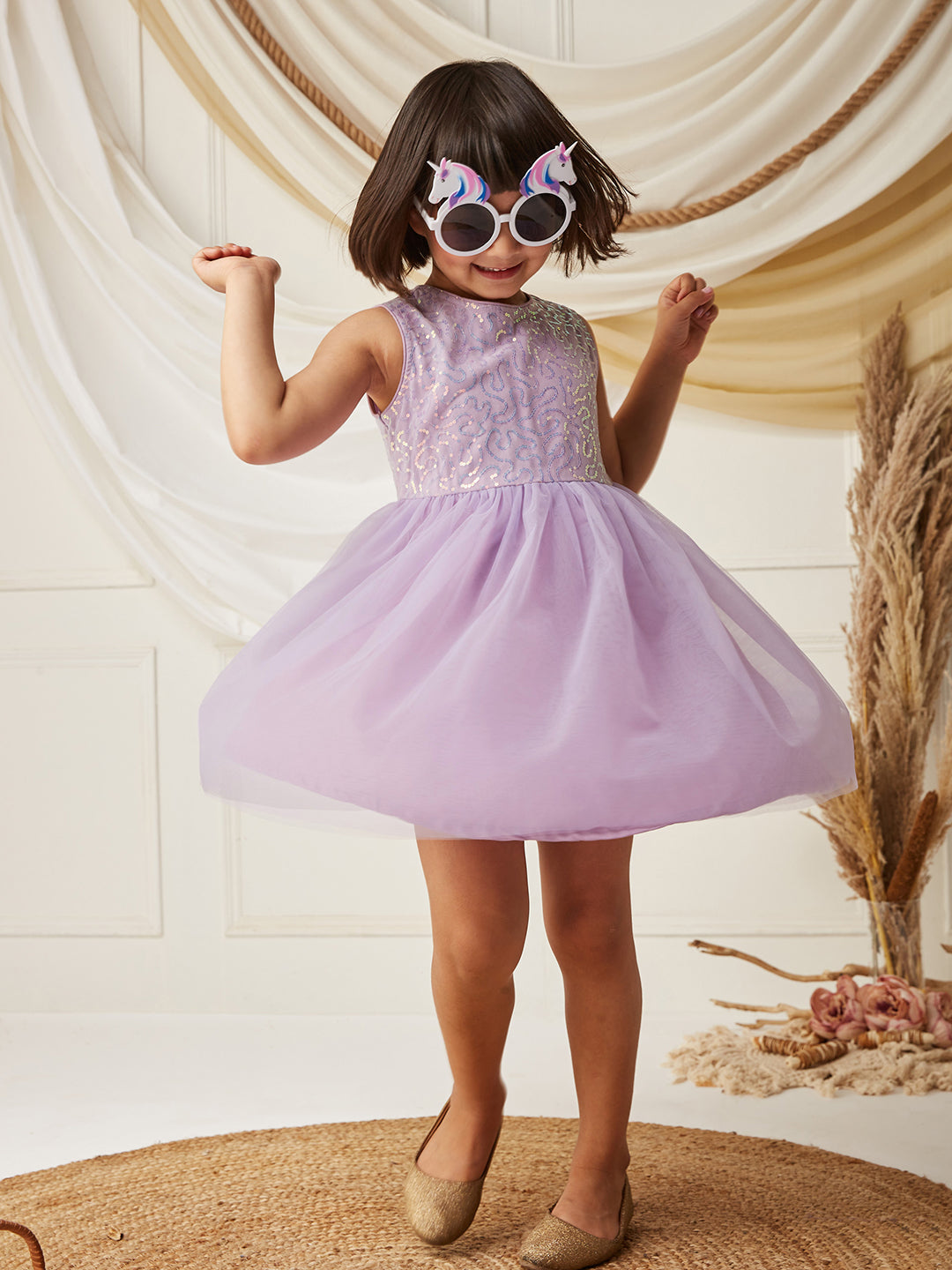 Lavender Round-Neck Sleeveless Embellished Fit & Flare Polyester Knee-Long Dress