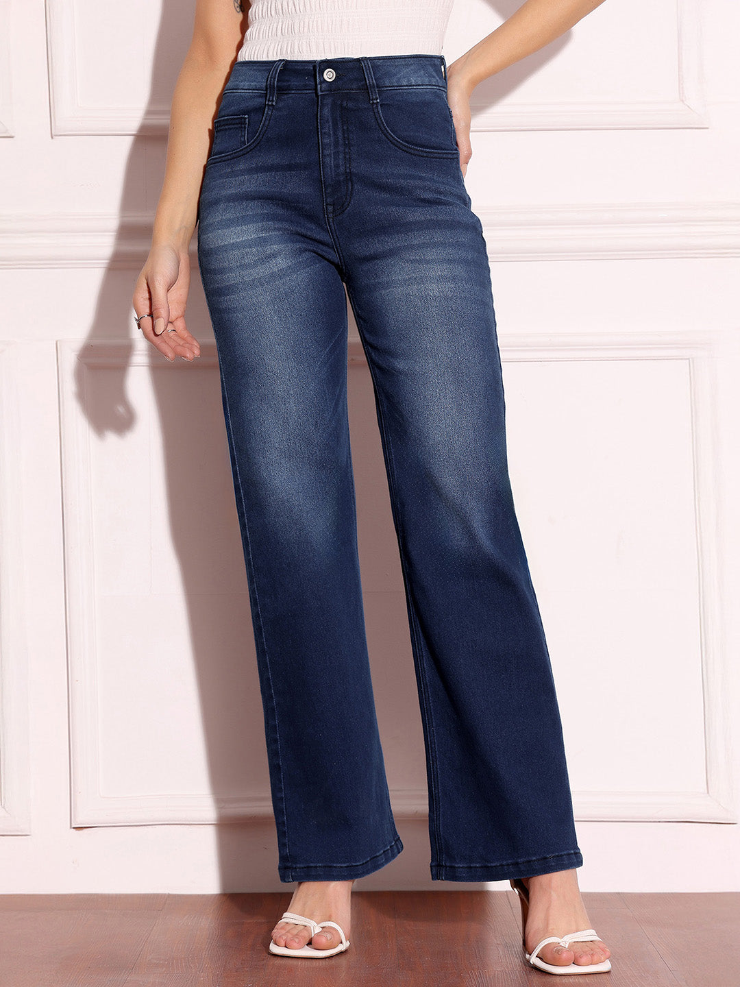 Women's Navy-Blue Straight-Fit Mid-Rise Clean-Look Regular-Length Stretchable Denim Jeans