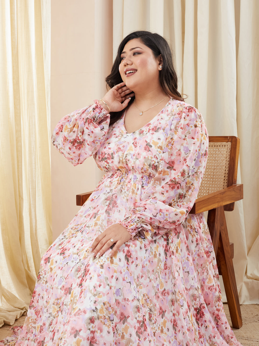 Multicolored Base Pink V-Neck Smocked Bishop Sleeve Floral Gathered Chiffon Maxi Dress for Women