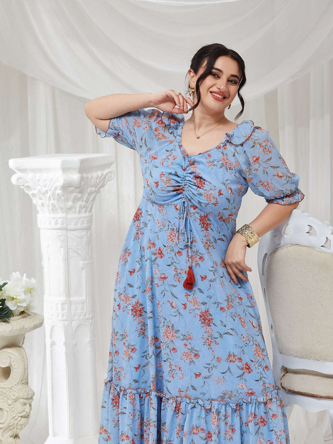 Powder Blue V-Neck Puff Sleeve Floral Ruching Ankle-Length Dress for Women