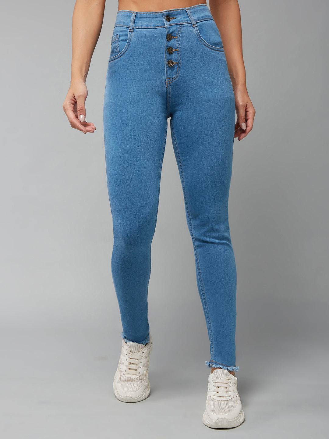 24/7 Comfort Blue Skinny Solid High-Rise Cropped Fringed Hemline Detailing Stretchable Denim Jeans