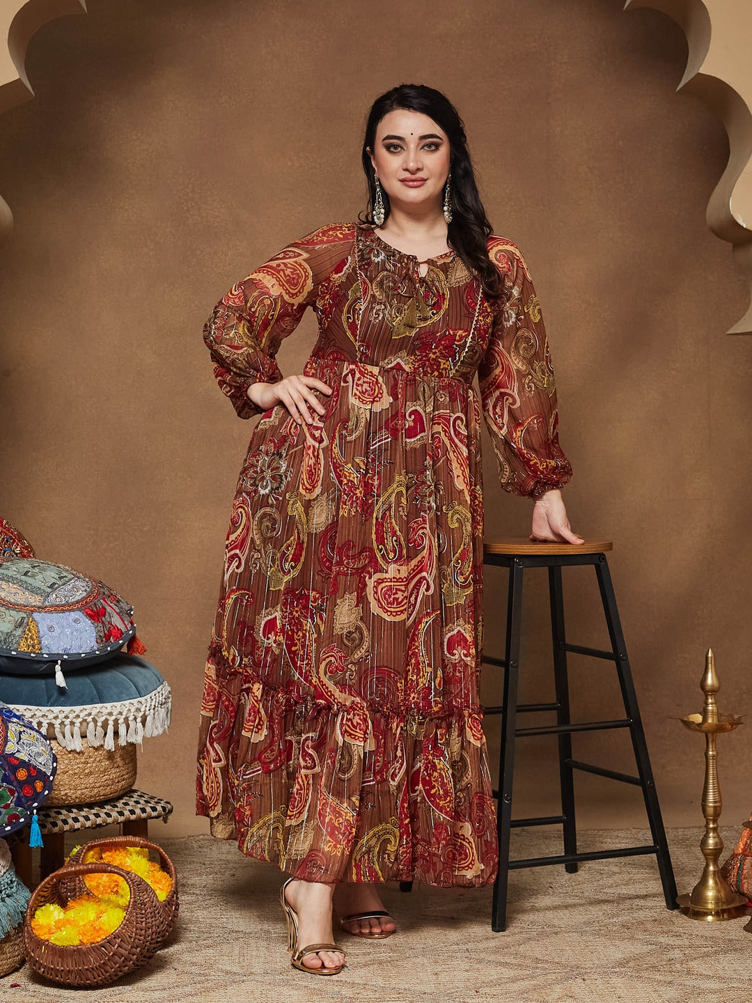 Brown Relaxed Fit Maxi Lurex Chiffon Dress for Women