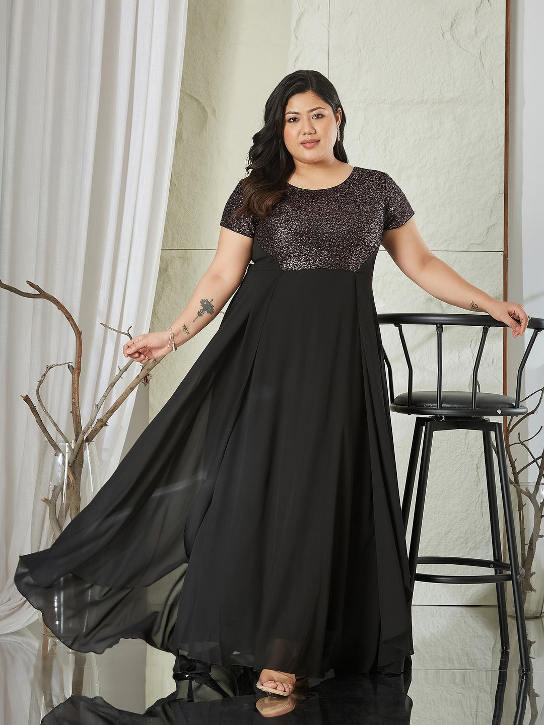 Black Round Neck Short Sleeve Embellished Fit & Flare Maxi Georgette Dress for Women