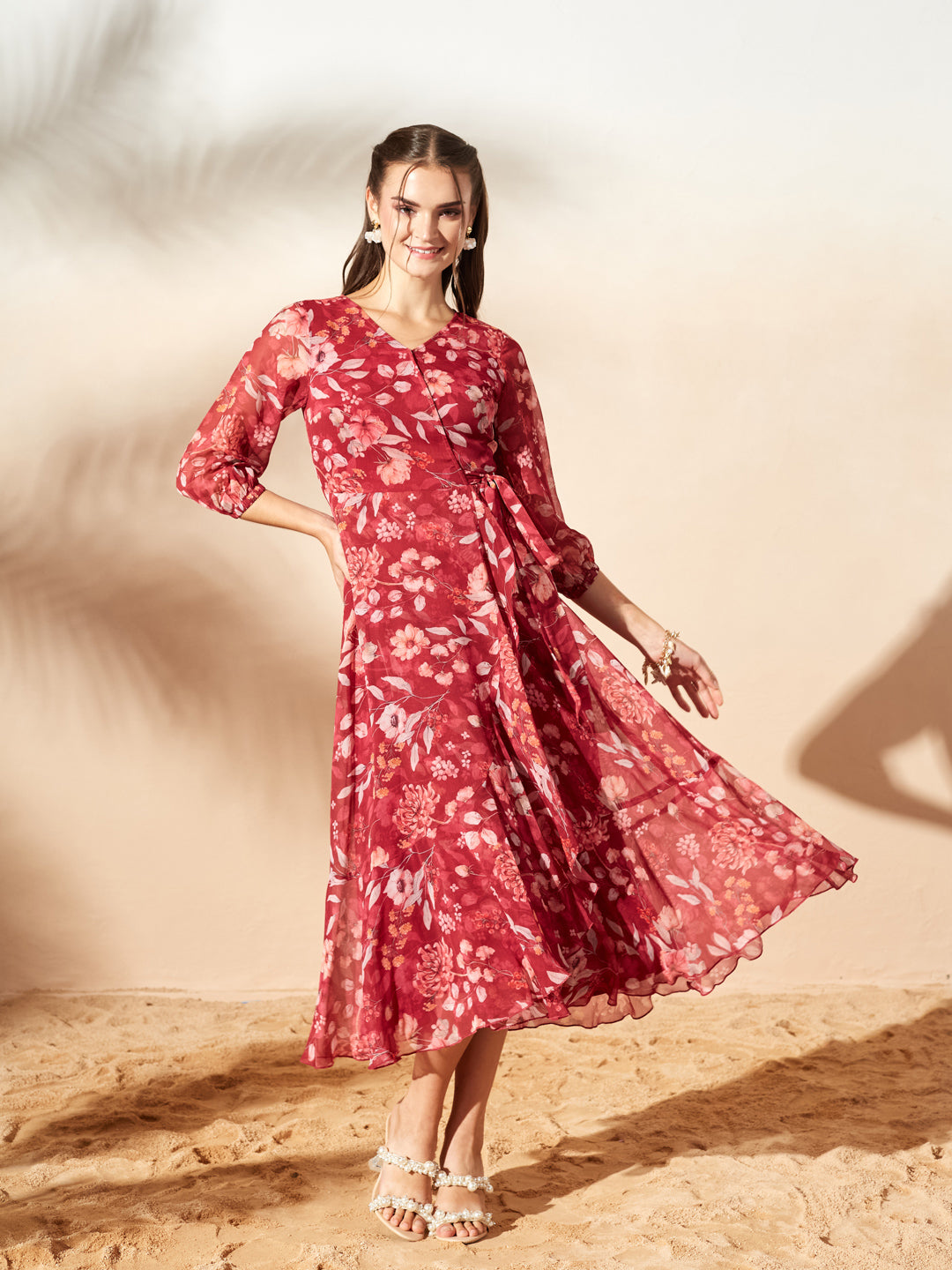Women’s Multicolored Maroon Floral V-Neck 3/4 Sleeve Wrap Midi Chiffon Dress for Women