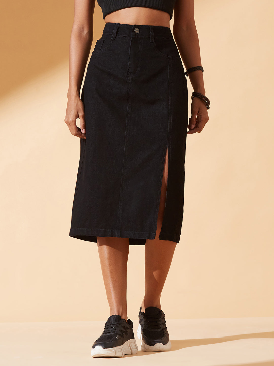 Black Straight-Fit High-Rise Stretchable Denim Midi Skirt for Women