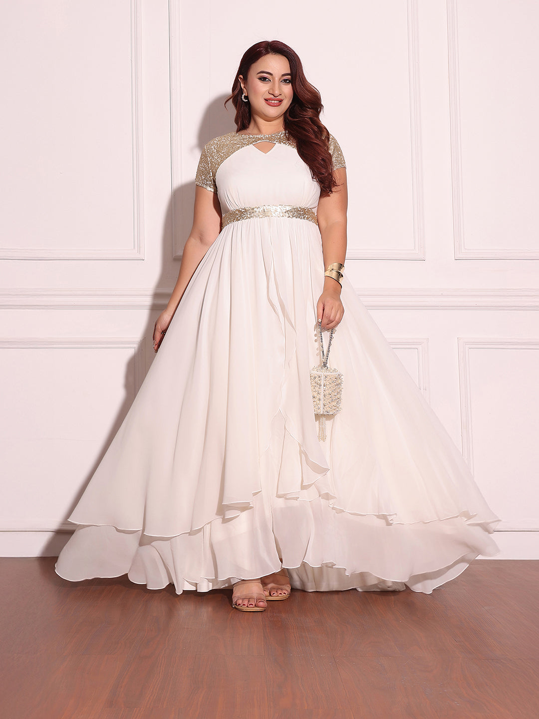 Women's Off White Keyhole-Neck Short-Sleeved Embellished Layered Georgette Maxi Dress
