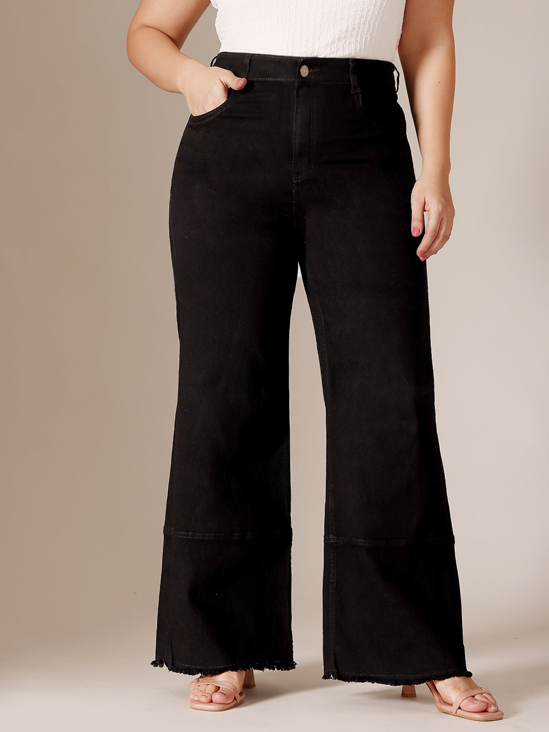 Black Wide Leg High Rise Clean Look Regular-Length Stretchable Denim Jeans for Women