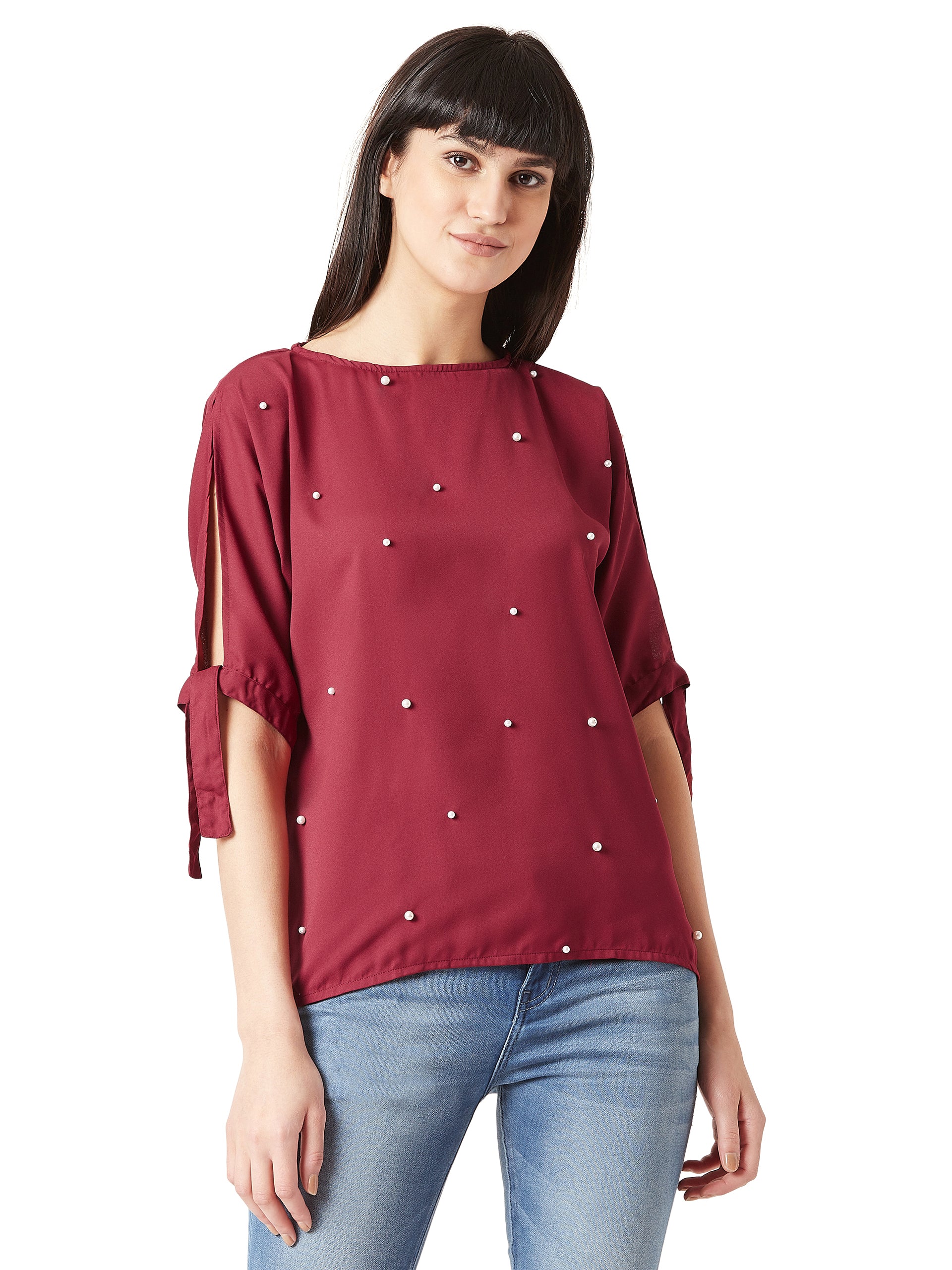 Women's Maroon Round Neck Half-Sleeve Pearl Tie-up Knot Top
