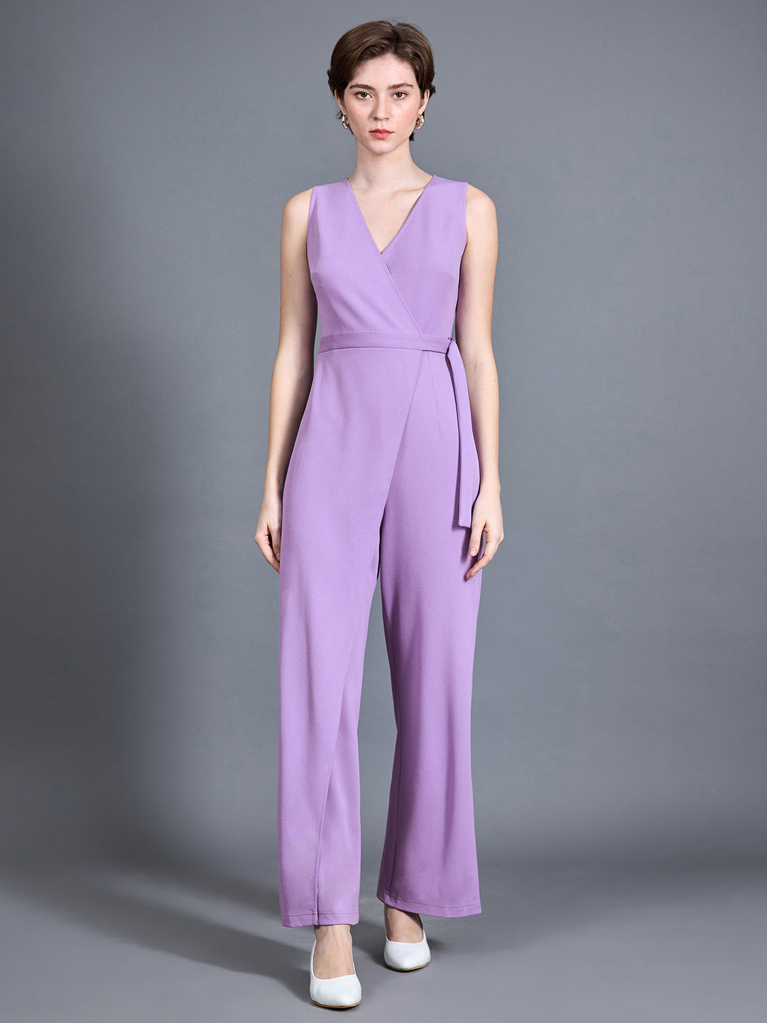 Women's Light Lavender V-Neck Sleeveless Solid Wrap Jumpsuit