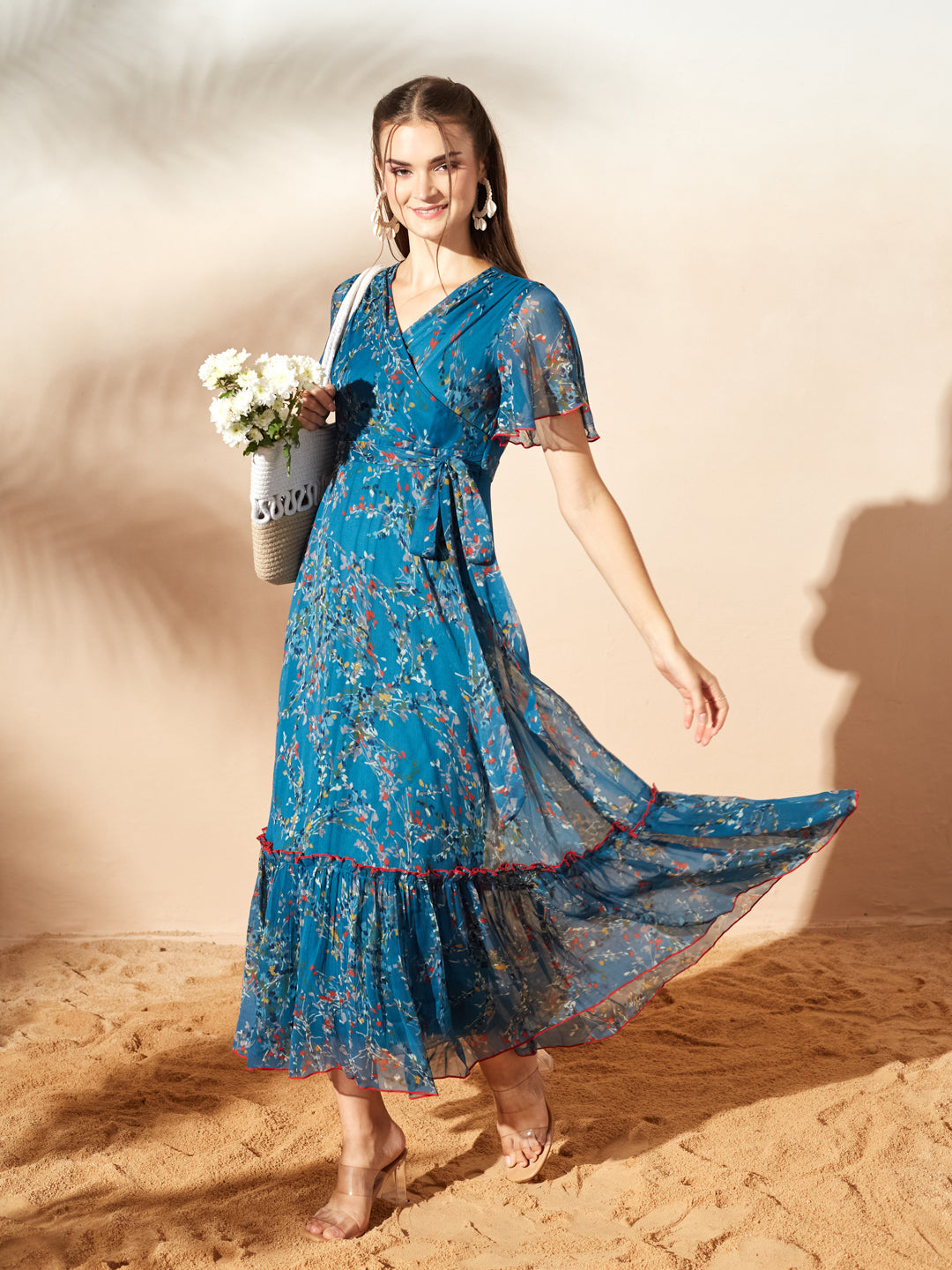 White & Blue Floral Printed Flutter Sleeves Maxi Dress for Women