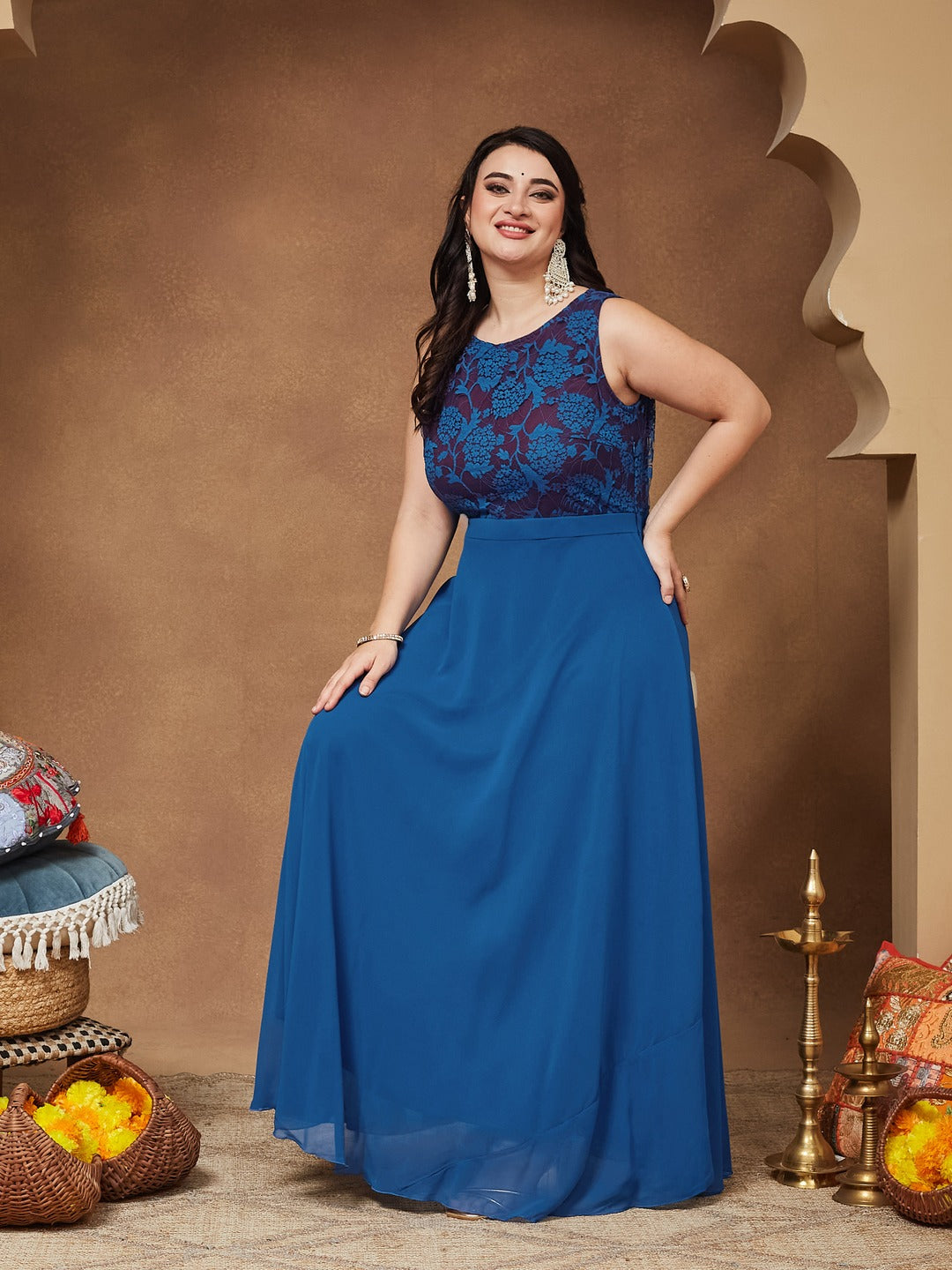 Royal Blue Round Neck Sleeveless Georgette Floral Lace Fit & Flare Maxi Dress for Women
