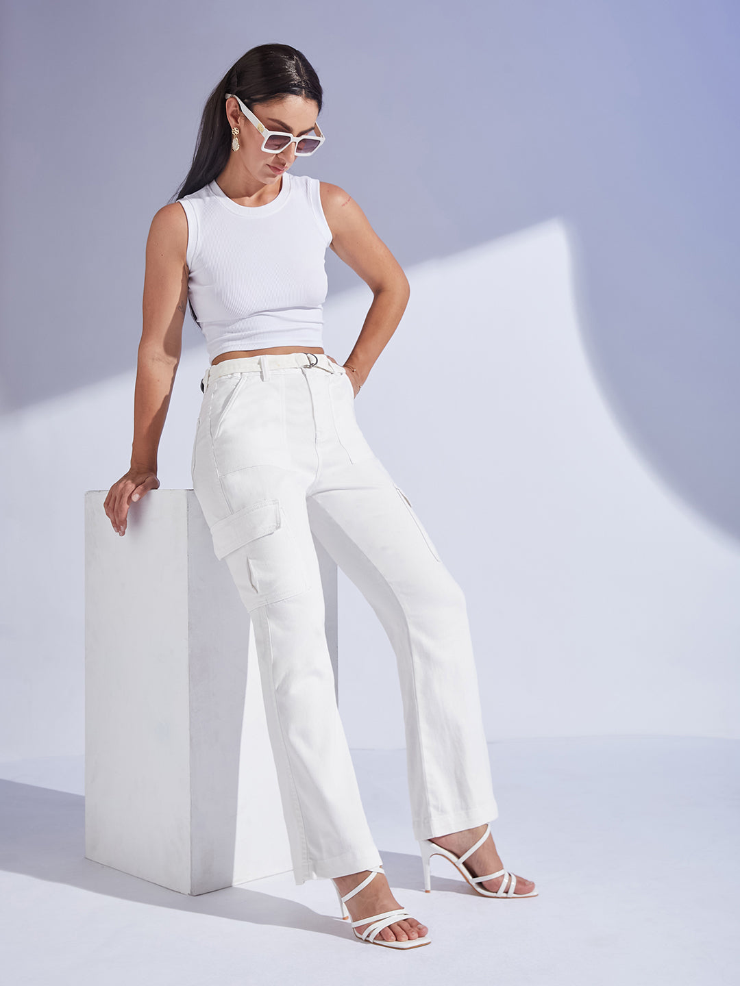 Women's White Wide Leg High-Rise Regular Stretchable Denim Jeans