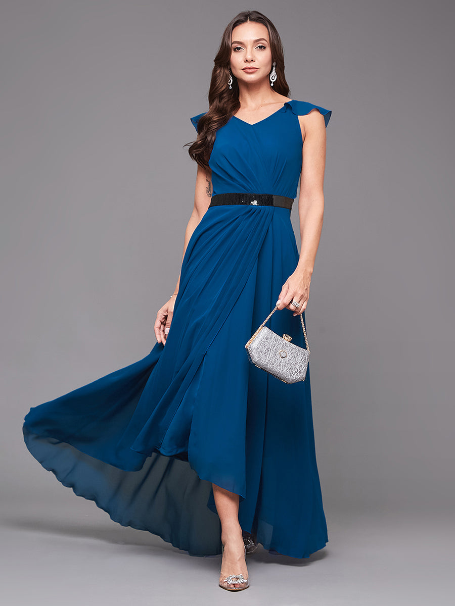 Women's Royal Blue V-Neck Ruffled Sleeve Solid Embellished Maxi Dress