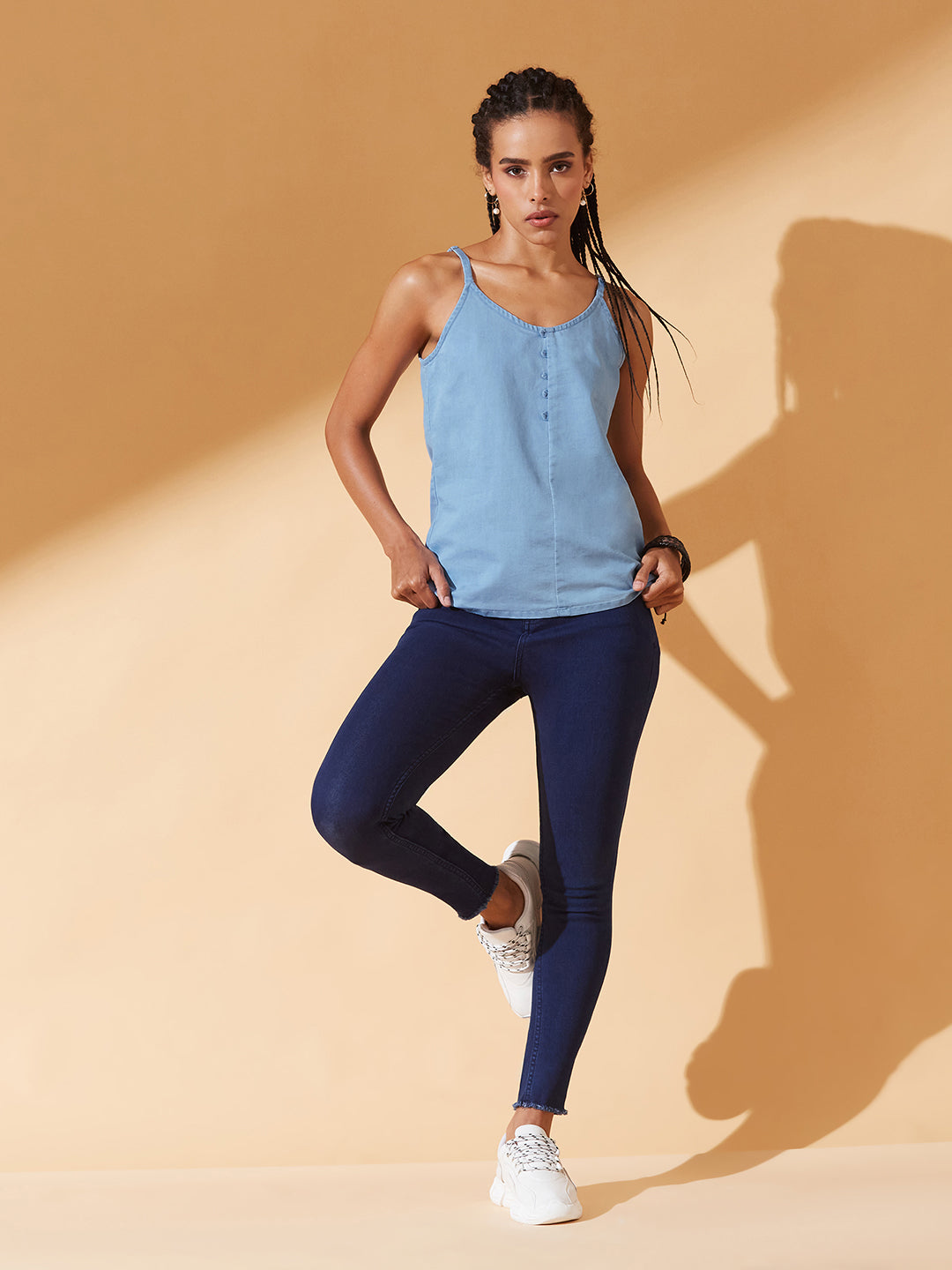 Light-Blue V Neck Sleeveless Cotton Solid Denim Spaghetti Top for Women