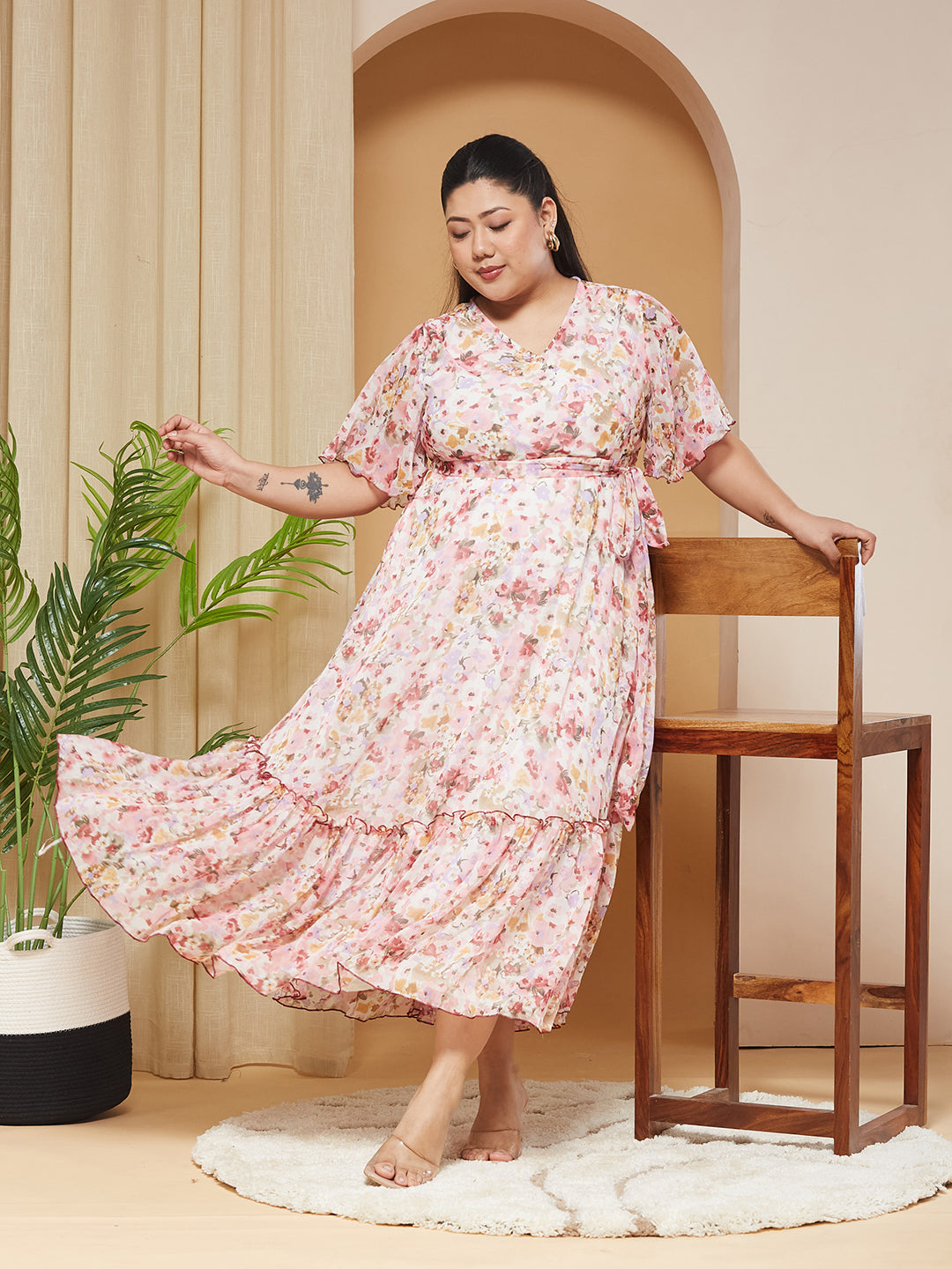 Multicolored-Base-Pink V-Neck Flared-Sleeves Floral Wrap Chiffon Maxi Dress for Women