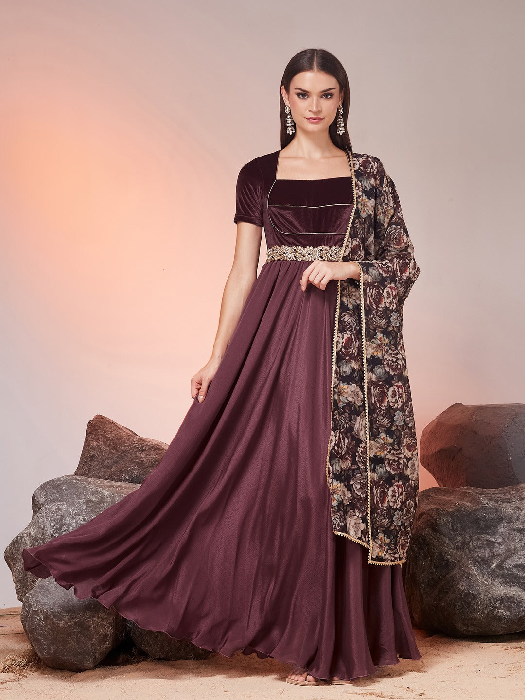 Dark Mauve Sweetheart Neck Half Sleeve Solid Fit & Flare Maxi Chiffon Ethnic Dress for Women