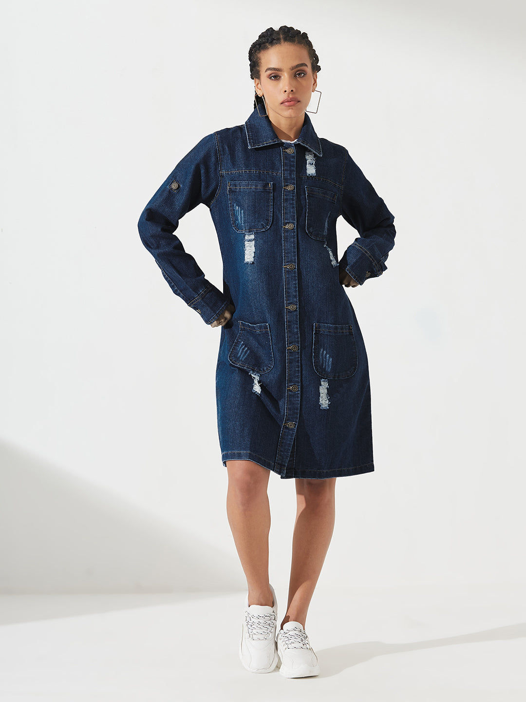 Navy-Blue Solid Polo Neck Full Sleeves Patch Pocket Denim Overcoat Knee-Length Jacket for Women