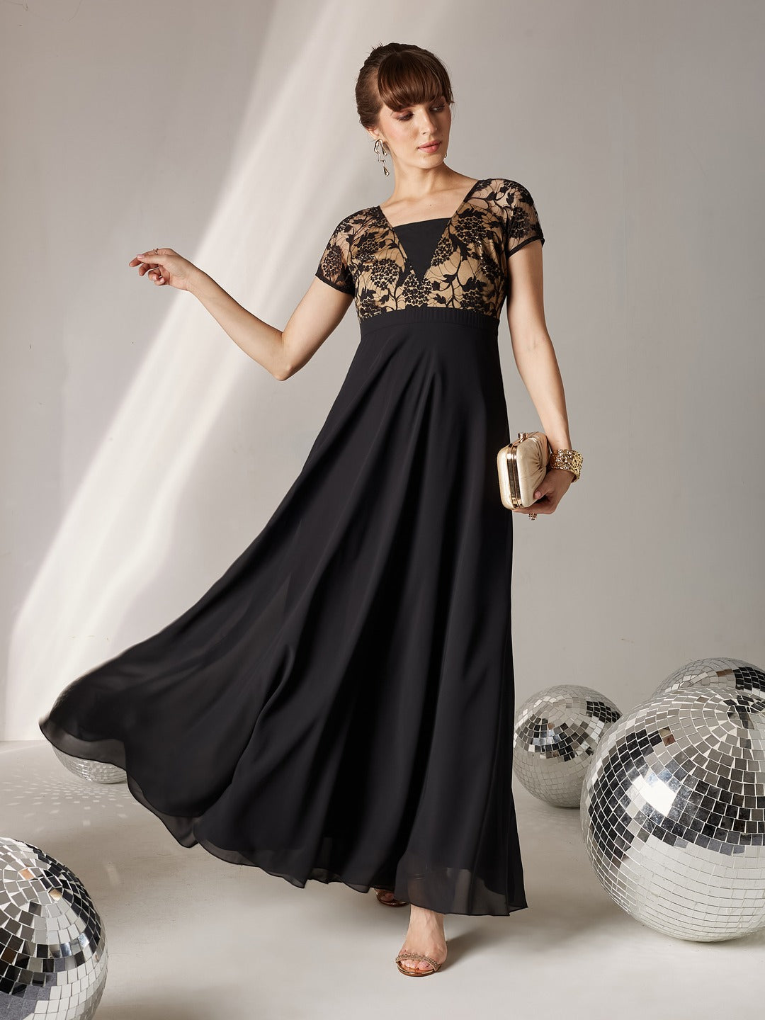 Black Square Neck Raglan Short Sleeve Self Design Lace Overlaid Georgette Maxi Dress for Women